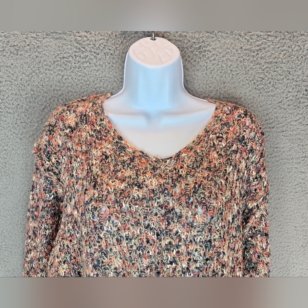Lush Long Sleeve Sweater Sz S Multicolor Loose Knit Exposed Seams V-Neck Cozy - Picture 2 of 11